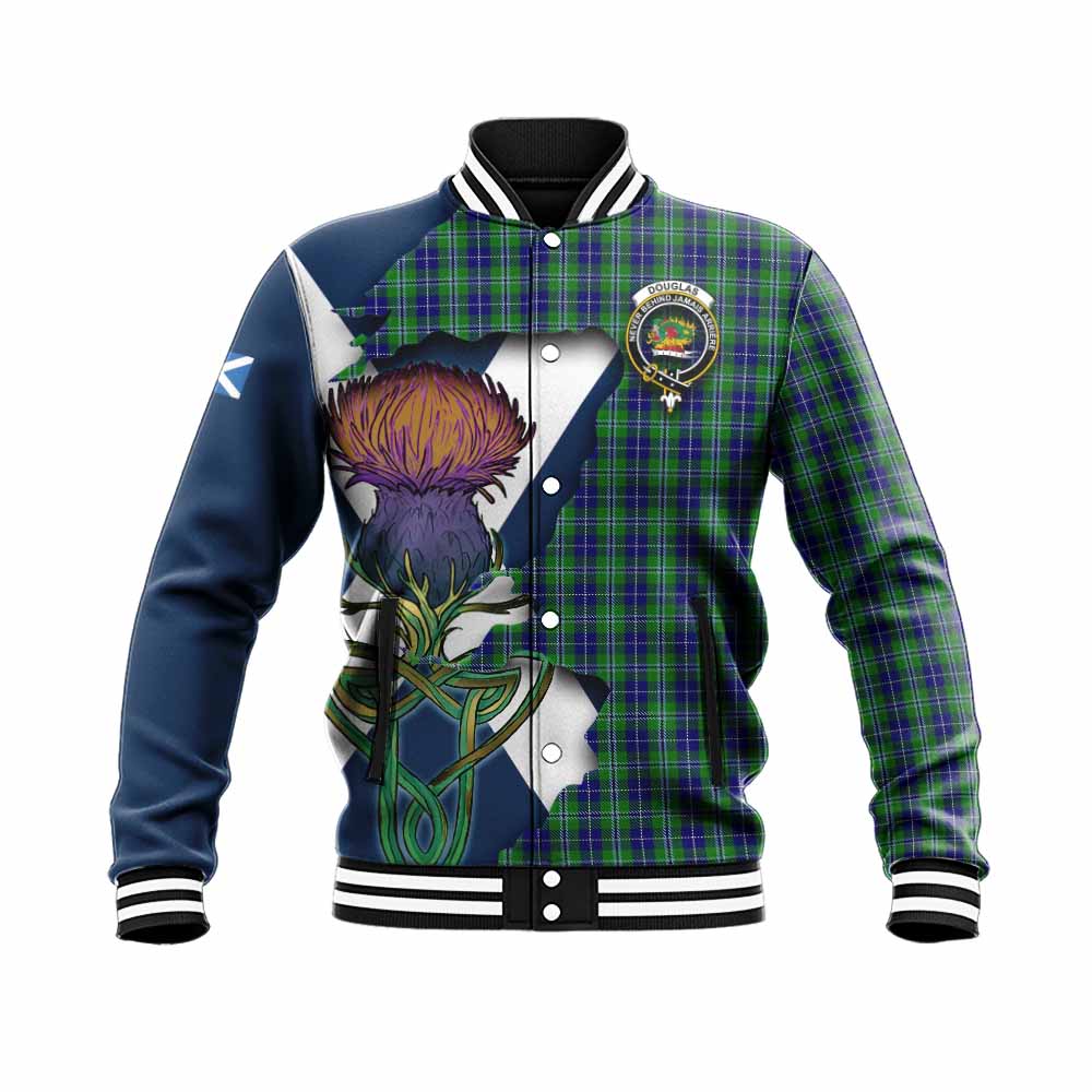 Tartan Vibes Clothing Douglas Tartan Family Crest Baseball Jacket Scottish Thistle Celtic Inspired