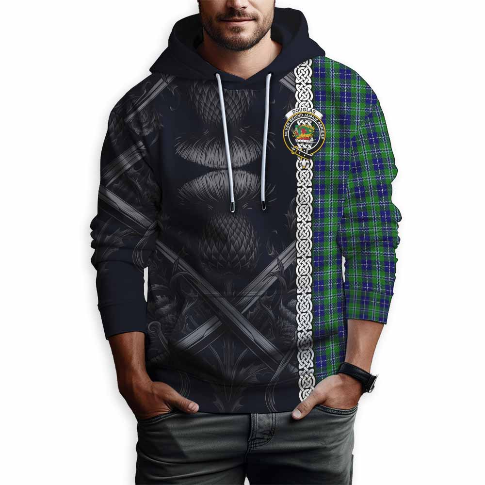 Tartan Vibes Clothing Douglas Tartan Hoodie with Family Crest Cross Sword Thistle Celtic Vibes