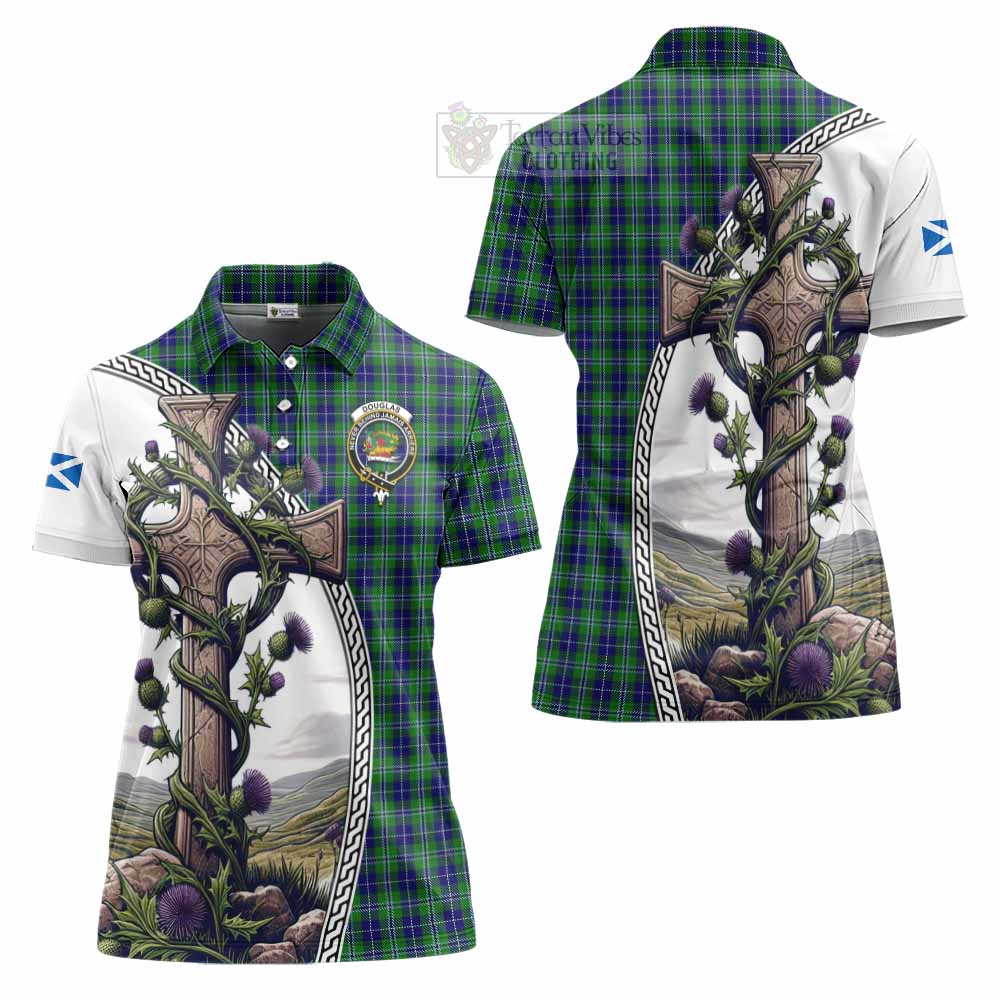 Tartan Vibes Clothing Douglas Tartan Women's Polo Shirt with Family Crest and St. Andrew's Cross Accented by Thistle Vines