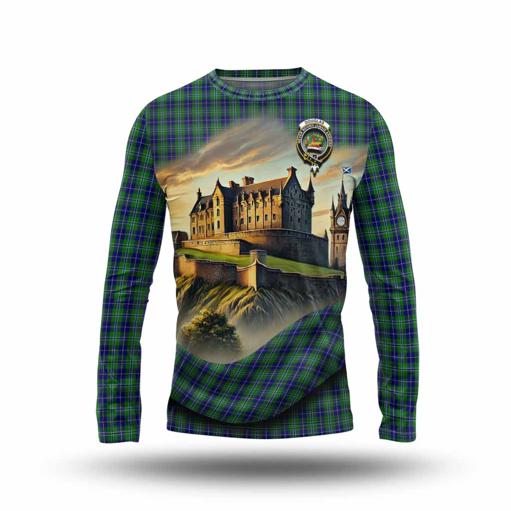 Tartan Vibes Clothing Douglas Tartan Family Crest Long Sleeve T-Shirt with Scottish Ancient Castle Style