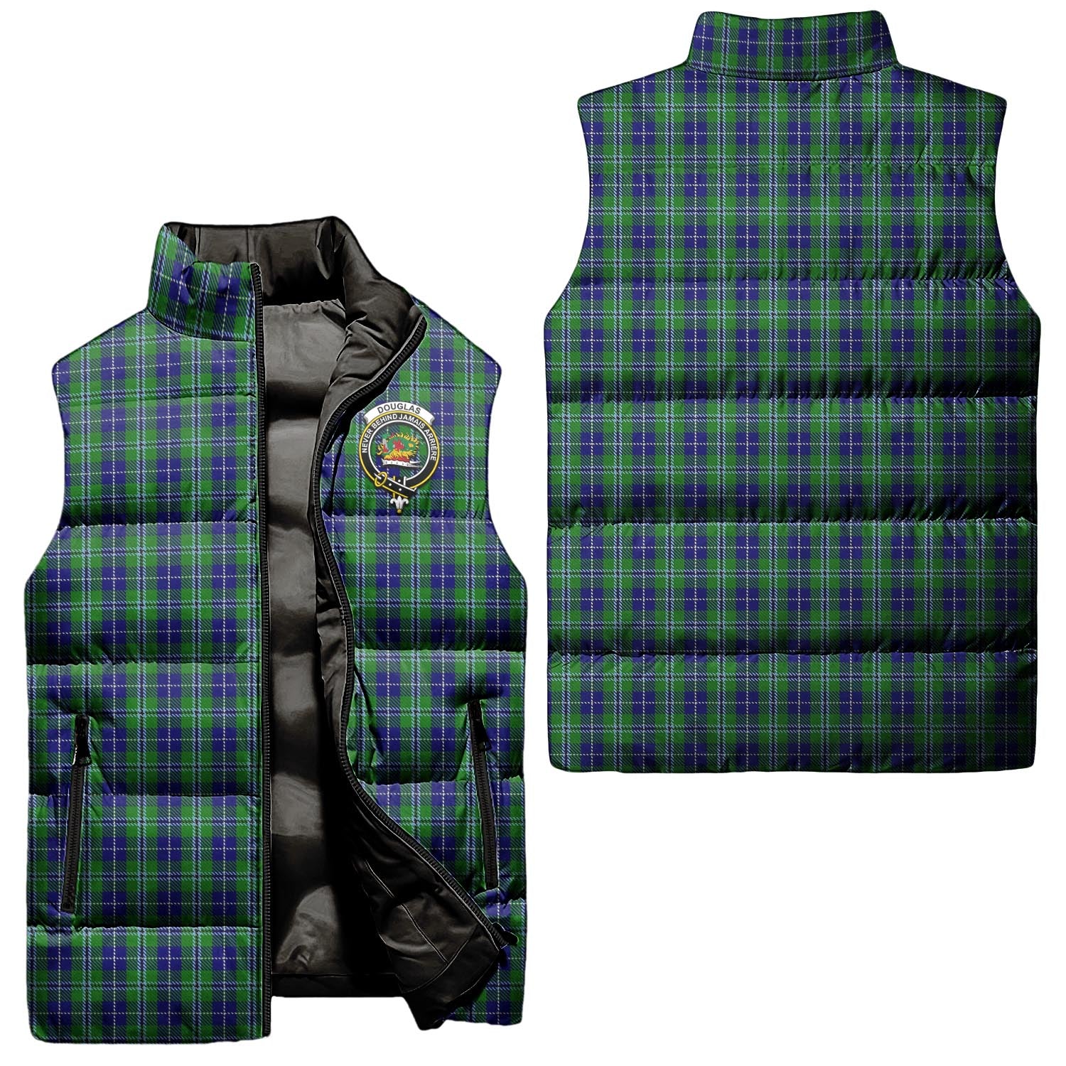 Douglas Tartan Sleeveless Puffer Jacket with Family Crest Unisex - Tartanvibesclothing