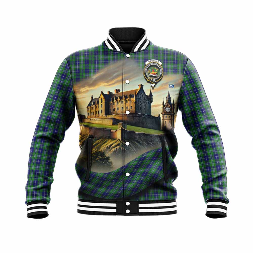 Tartan Vibes Clothing Douglas Tartan Family Crest Baseball Jacket with Scottish Ancient Castle Style