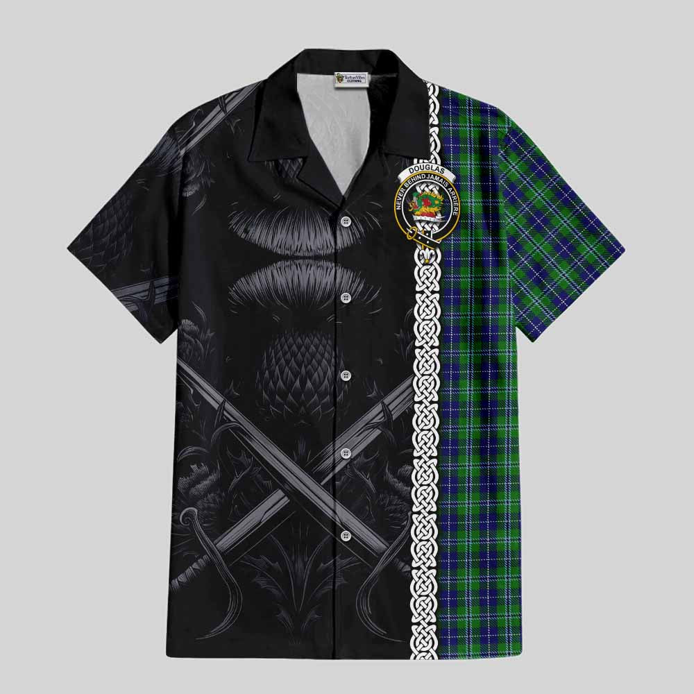 Tartan Vibes Clothing Douglas Tartan Short Sleeve Button Shirt with Family Crest Cross Sword Thistle Celtic Vibes