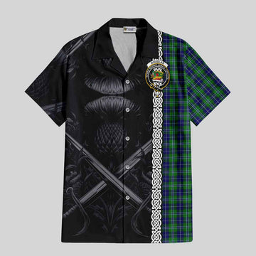 Tartan Vibes Clothing Douglas Tartan Short Sleeve Button Shirt with Family Crest Cross Sword Thistle Celtic Vibes