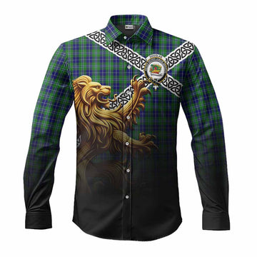 Douglas Crest Tartan Long Sleeve Button Shirt with Golden Lion Emblem Celtic Style