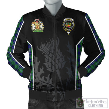 Douglas Tartan Bomber Jacket with Family Crest and Scottish Thistle Vibes Sport Style