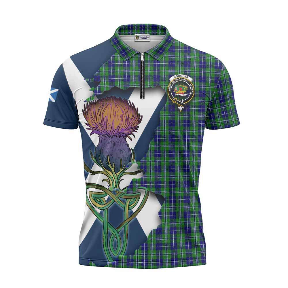 Tartan Vibes Clothing Douglas Tartan Family Crest Zipper Polo Shirt Scottish Thistle Celtic Inspired