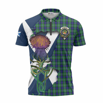 Douglas Tartan Family Crest Zipper Polo Shirt Scottish Thistle Celtic Inspired