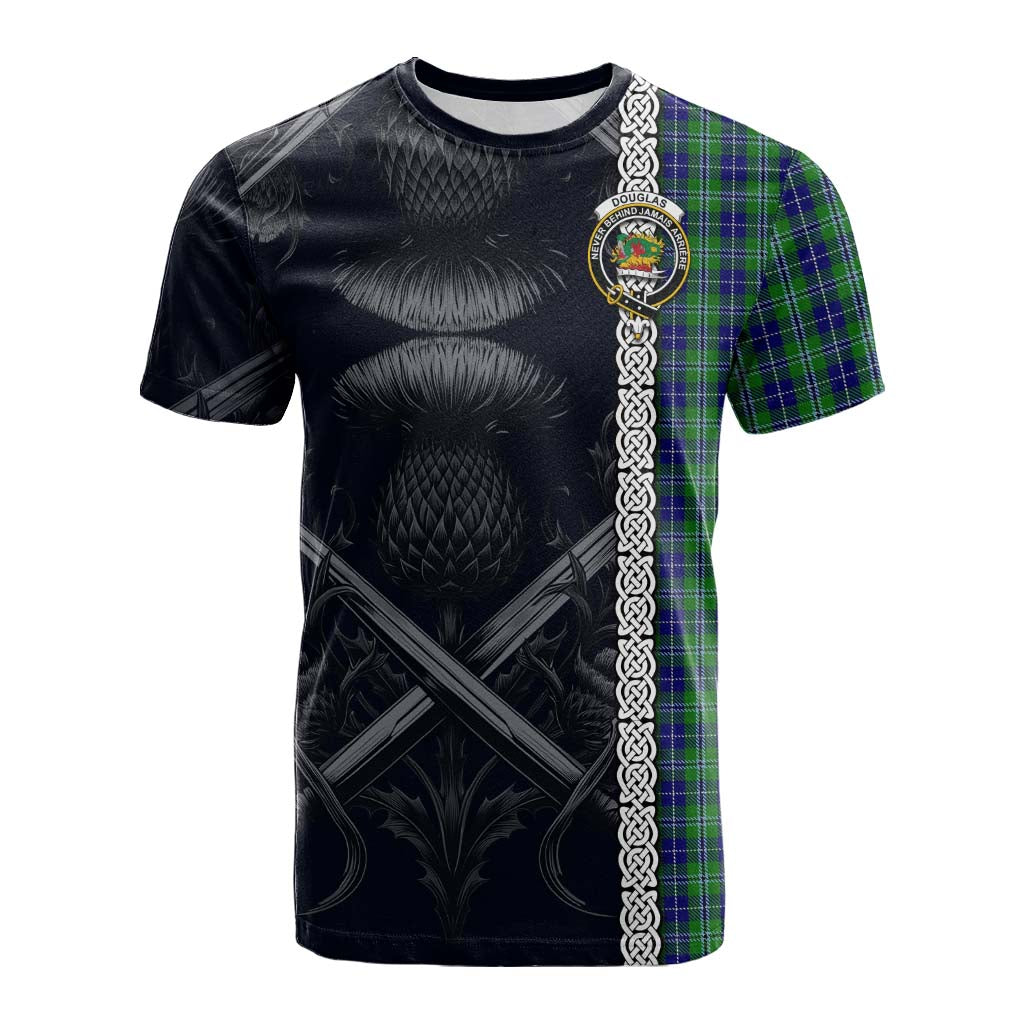 Tartan Vibes Clothing Douglas Tartan Cotton T-shirt with Family Crest Cross Sword Thistle Celtic Vibes
