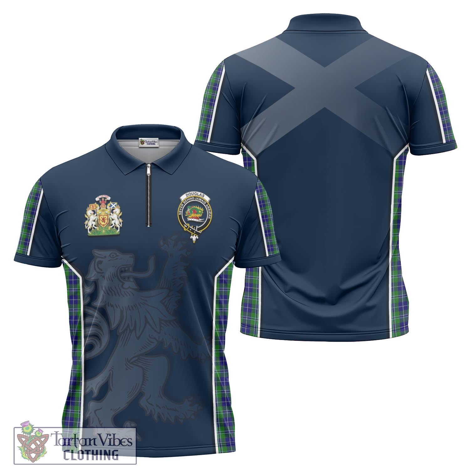 Tartan Vibes Clothing Douglas Tartan Zipper Polo Shirt with Family Crest and Lion Rampant Vibes Sport Style