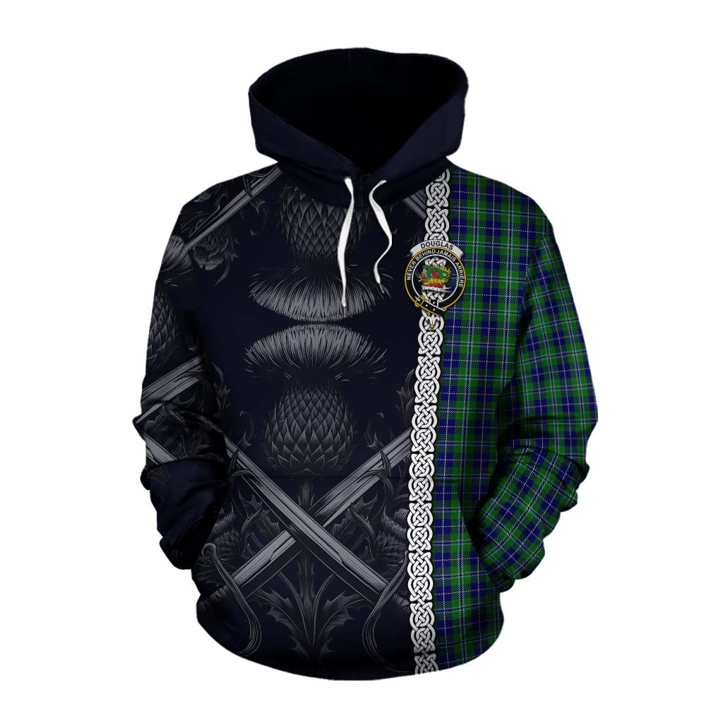 Tartan Vibes Clothing Douglas Tartan Cotton Hoodie with Family Crest Cross Sword Thistle Celtic Vibes