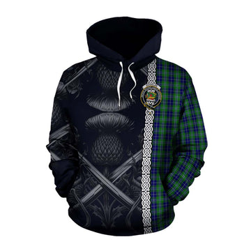 Tartan Vibes Clothing Douglas Tartan Cotton Hoodie with Family Crest Cross Sword Thistle Celtic Vibes