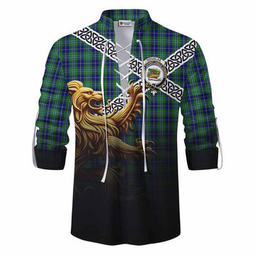 Douglas Crest Tartan Ghillie Kilt Shirt with Golden Lion Emblem Celtic Style