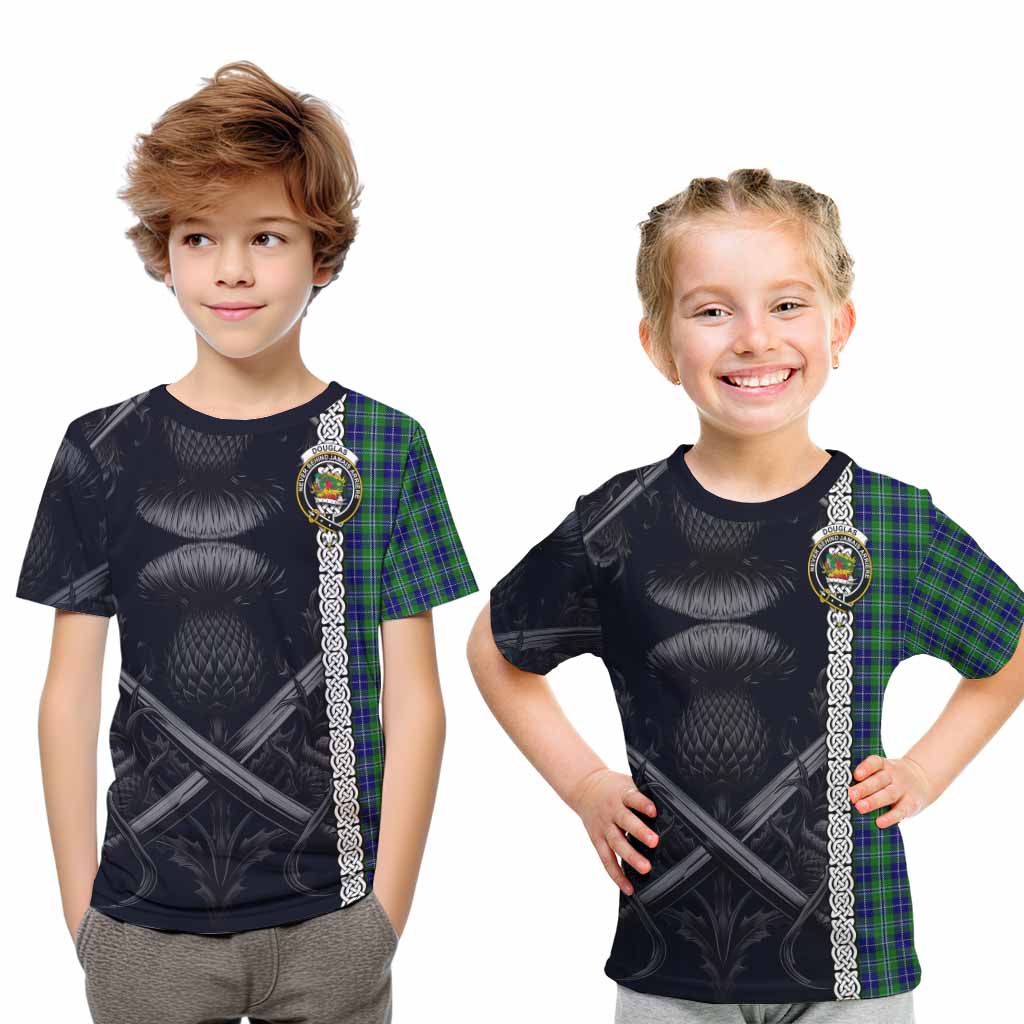 Tartan Vibes Clothing Douglas Tartan Kid T-Shirt with Family Crest Cross Sword Thistle Celtic Vibes