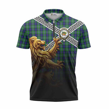 Douglas Crest Tartan Zipper Polo Shirt with Golden Lion Emblem Celtic Style