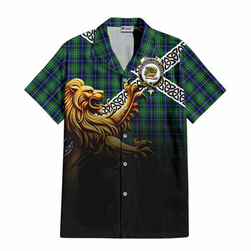 Tartan Vibes Clothing Douglas Crest Tartan Short Sleeve Button Shirt with Golden Lion Emblem Celtic Style