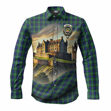 Douglas Tartan Family Crest Long Sleeve Button Shirt with Scottish Ancient Castle Style
