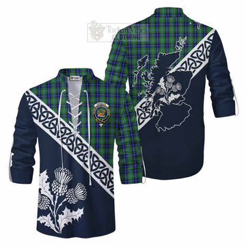 Douglas Tartan Ghillie Kilt Shirt Featuring Thistle and Scotland Map