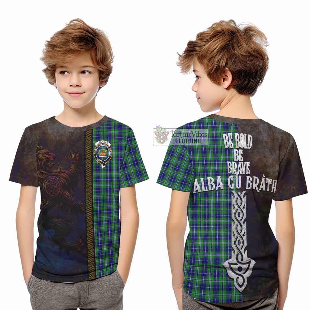 Tartan Vibes Clothing Douglas Tartan Family Crest Kid T-Shirt Alba Gu Brath Be Brave Lion Ancient Style