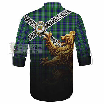 Douglas Crest Tartan Ghillie Kilt Shirt with Golden Lion Emblem Celtic Style