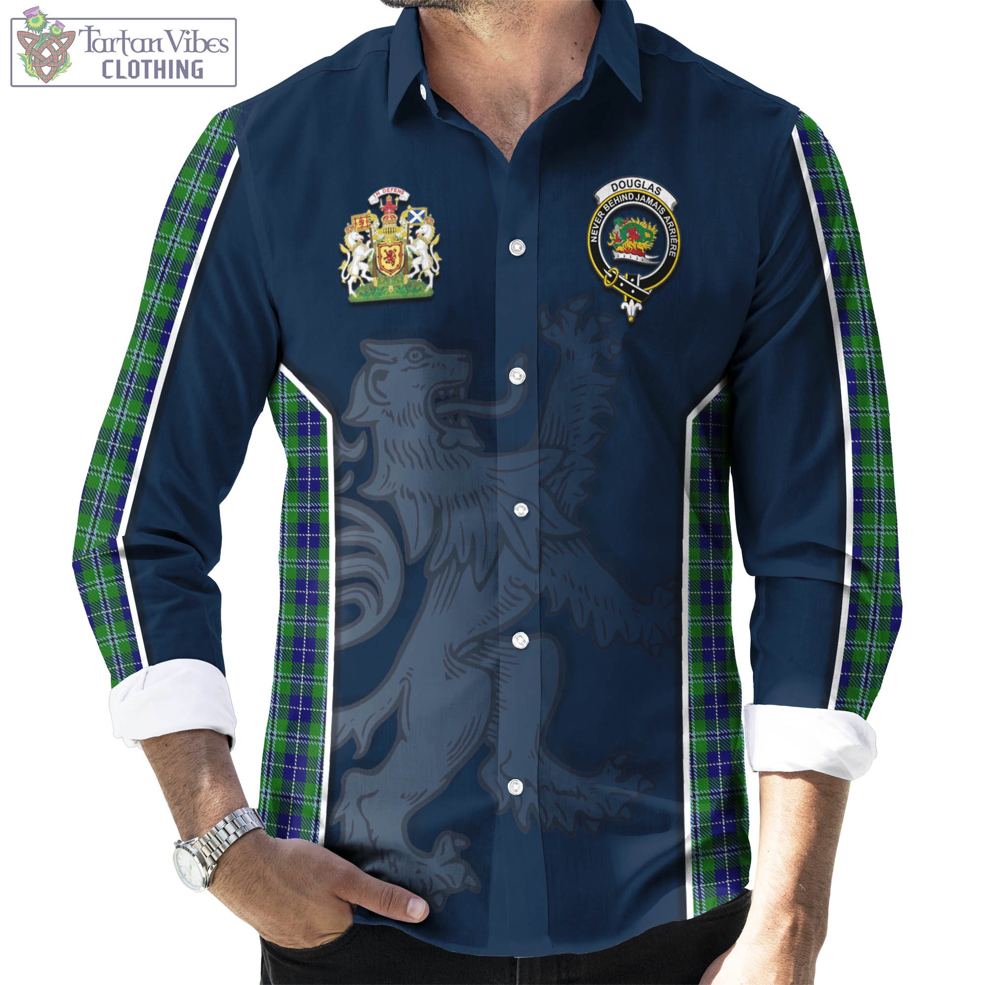 Tartan Vibes Clothing Douglas Tartan Long Sleeve Button Up Shirt with Family Crest and Lion Rampant Vibes Sport Style