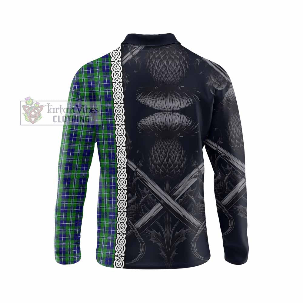 Tartan Vibes Clothing Douglas Tartan Long Sleeve Polo Shirt with Family Crest Cross Sword Thistle Celtic Vibes