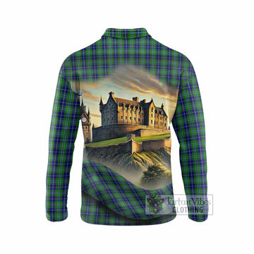 Douglas Tartan Family Crest Long Sleeve Polo Shirt with Scottish Ancient Castle Style