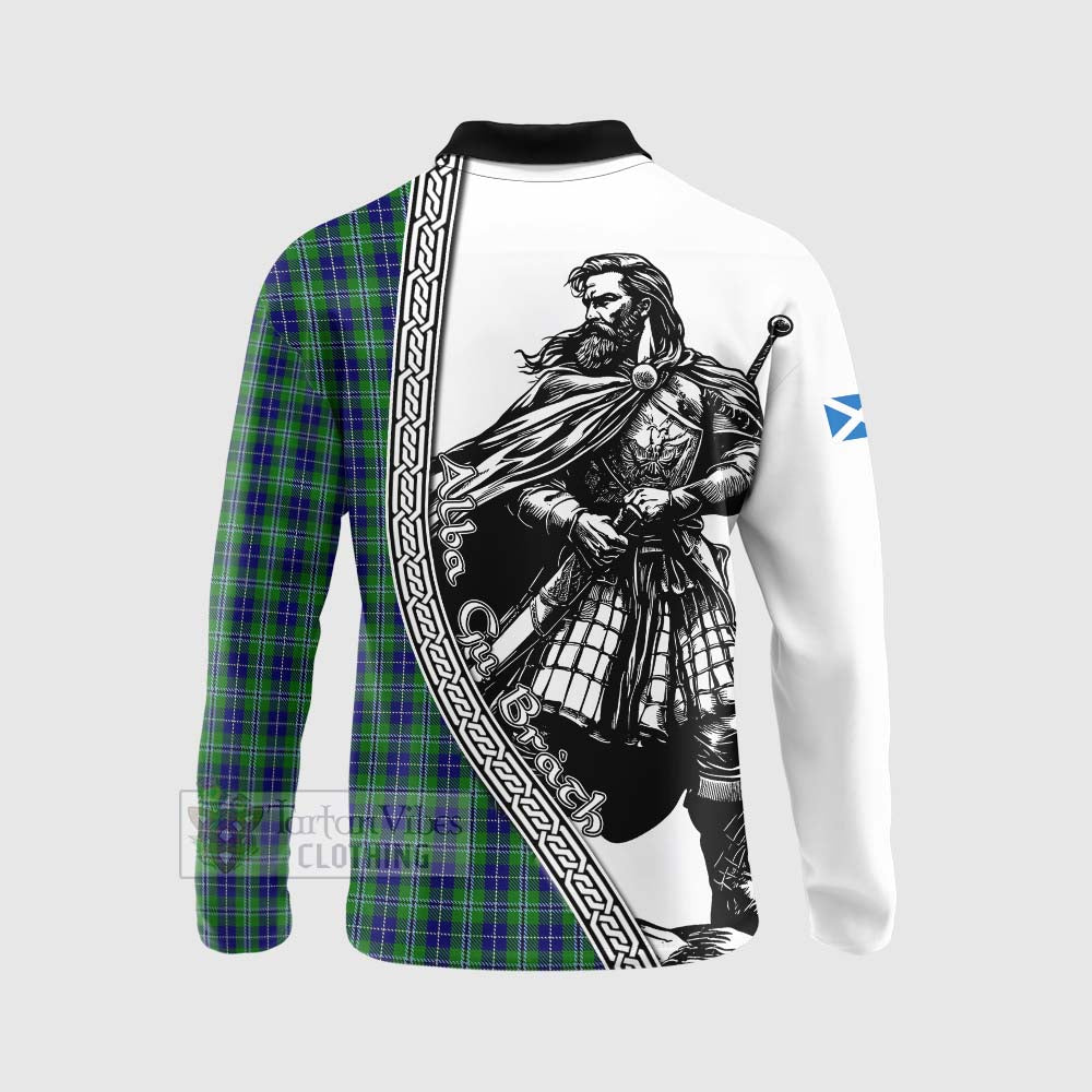 Tartan Vibes Clothing Douglas Tartan Clan Crest Long Sleeve Polo Shirt with Highlander Warrior Celtic Style