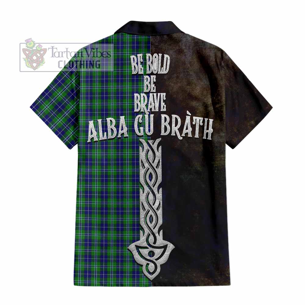 Tartan Vibes Clothing Douglas Tartan Family Crest Short Sleeve Button Shirt Alba Gu Brath Be Brave Lion Ancient Style