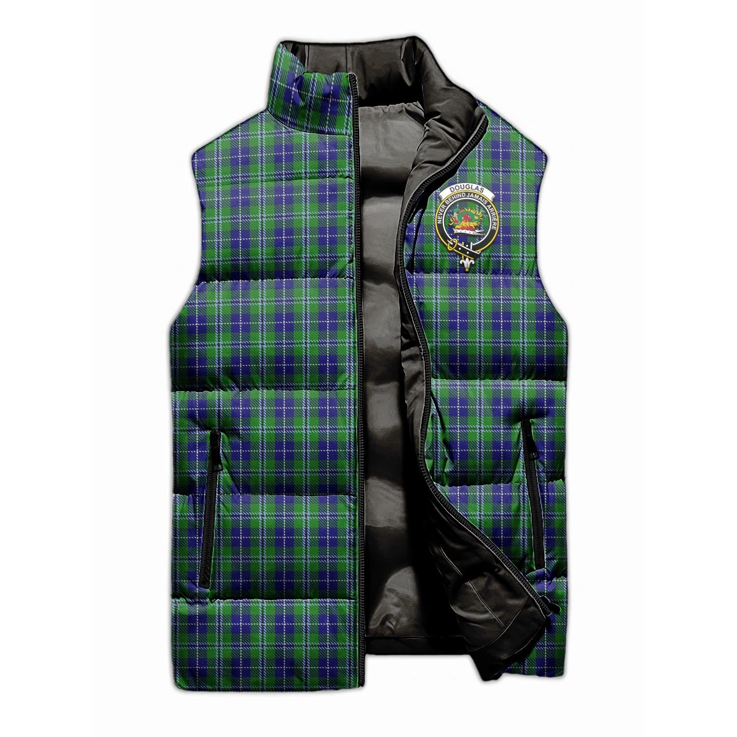 Douglas Tartan Sleeveless Puffer Jacket with Family Crest - Tartanvibesclothing