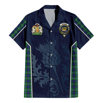 Douglas Tartan Short Sleeve Button Up Shirt with Family Crest and Scottish Thistle Vibes Sport Style