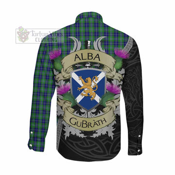 Douglas Tartan Family Crest Long Sleeve Button Shirt Lion Rampant Royal Thistle Shield Celtic Inspired
