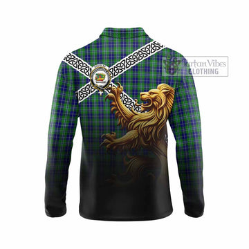 Douglas Crest Tartan Long Sleeve Polo Shirt with Golden Lion Emblem Celtic Style