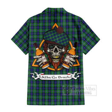 Tartan Vibes Clothing Douglas Tartan Short Sleeve Button Shirt with Family Crest and Bearded Skull Holding Bottles of Whiskey