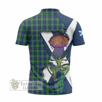 Douglas Tartan Family Crest Zipper Polo Shirt Scottish Thistle Celtic Inspired