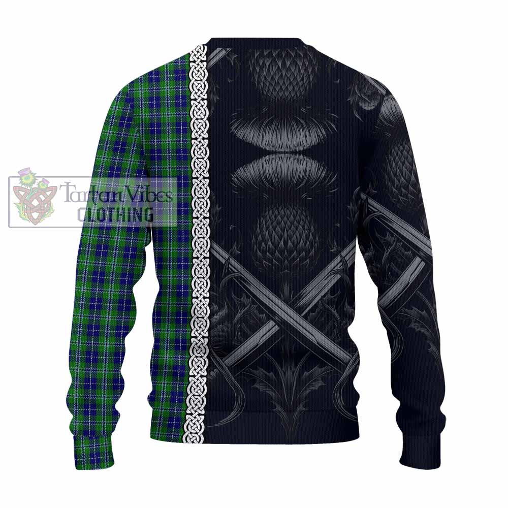 Tartan Vibes Clothing Douglas Tartan Knitted Sweater with Family Crest Cross Sword Thistle Celtic Vibes