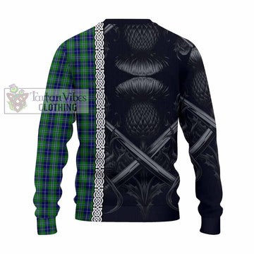 Tartan Vibes Clothing Douglas Tartan Knitted Sweater with Family Crest Cross Sword Thistle Celtic Vibes
