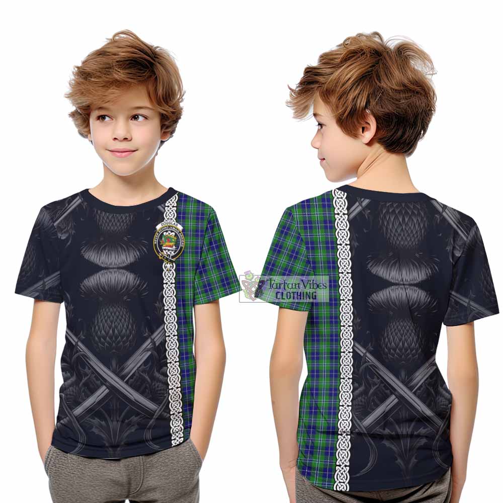 Tartan Vibes Clothing Douglas Tartan Kid T-Shirt with Family Crest Cross Sword Thistle Celtic Vibes