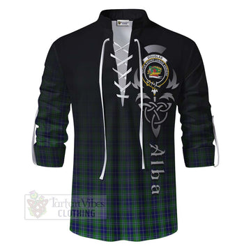 Douglas Tartan Ghillie Kilt Shirt Featuring Alba Gu Brath Family Crest Celtic Inspired
