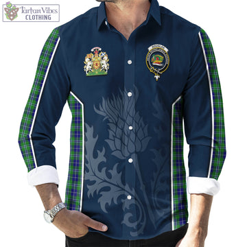 Douglas Tartan Long Sleeve Button Up Shirt with Family Crest and Scottish Thistle Vibes Sport Style
