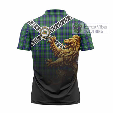 Douglas Crest Tartan Zipper Polo Shirt with Golden Lion Emblem Celtic Style