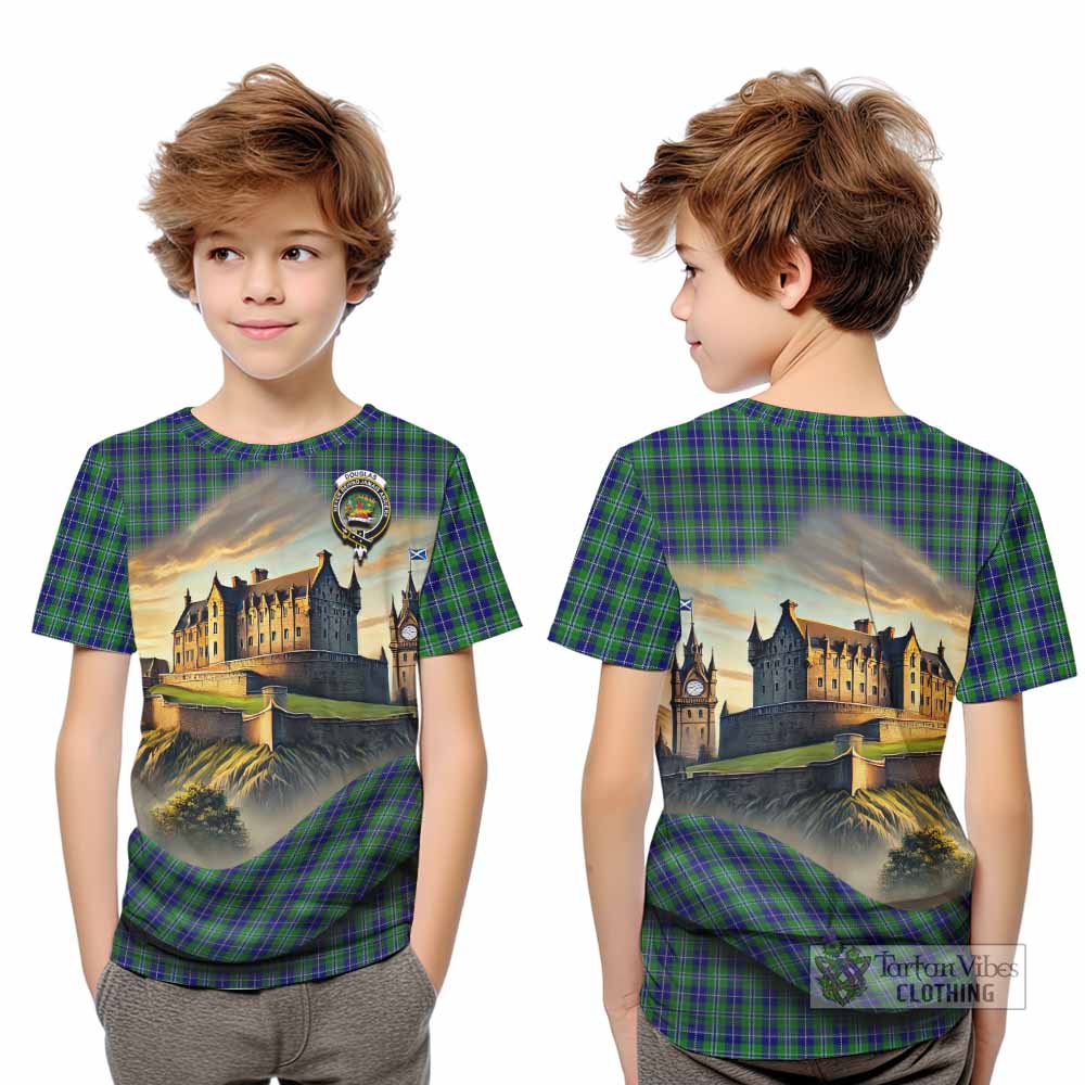 Tartan Vibes Clothing Douglas Tartan Family Crest Kid T-Shirt with Scottish Ancient Castle Style