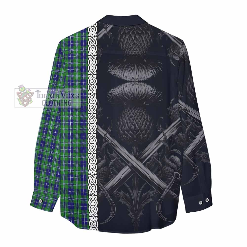 Tartan Vibes Clothing Douglas Tartan Women's Casual Shirt with Family Crest Cross Sword Thistle Celtic Vibes