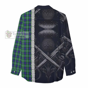 Tartan Vibes Clothing Douglas Tartan Women's Casual Shirt with Family Crest Cross Sword Thistle Celtic Vibes