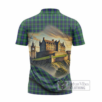 Douglas Tartan Family Crest Zipper Polo Shirt with Scottish Ancient Castle Style