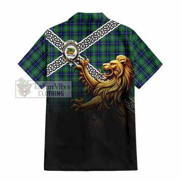 Tartan Vibes Clothing Douglas Crest Tartan Short Sleeve Button Shirt with Golden Lion Emblem Celtic Style