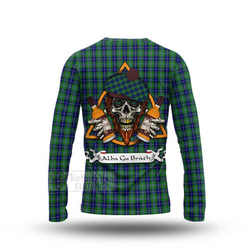 Tartan Vibes Clothing Douglas Tartan Long Sleeve T-Shirt with Family Crest and Bearded Skull Holding Bottles of Whiskey