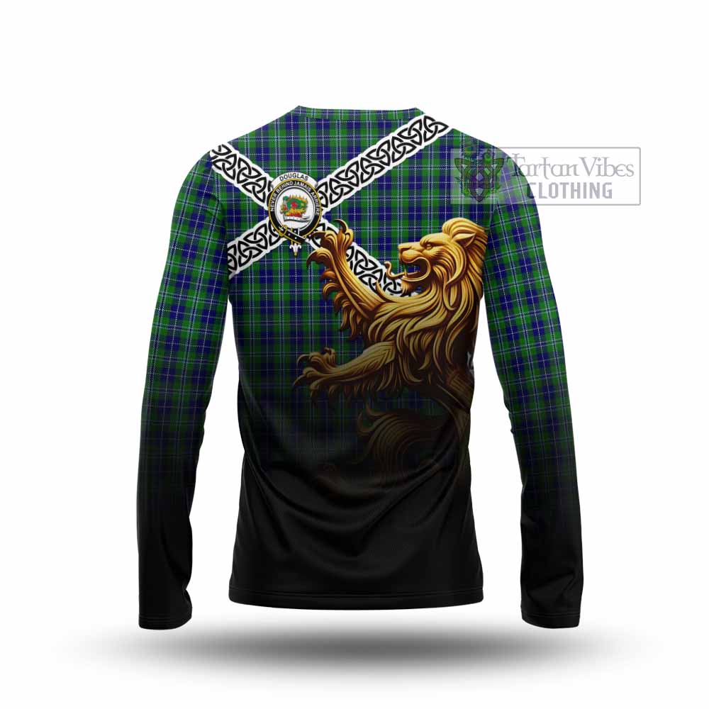 Tartan Vibes Clothing Douglas Crest Tartan Long Sleeve T-Shirt with Golden Lion Emblem Celtic Style