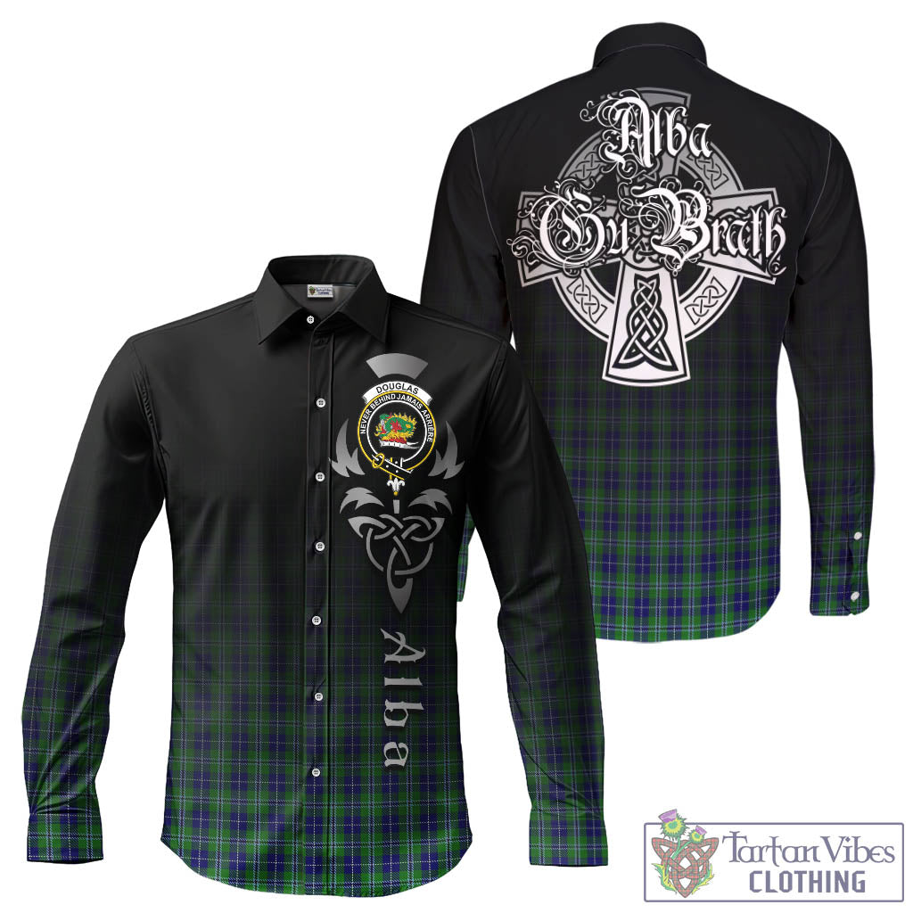 Tartan Vibes Clothing Douglas Tartan Long Sleeve Button Up Featuring Alba Gu Brath Family Crest Celtic Inspired