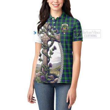 Tartan Vibes Clothing Douglas Tartan Women's Polo Shirt with Family Crest and St. Andrew's Cross Accented by Thistle Vines